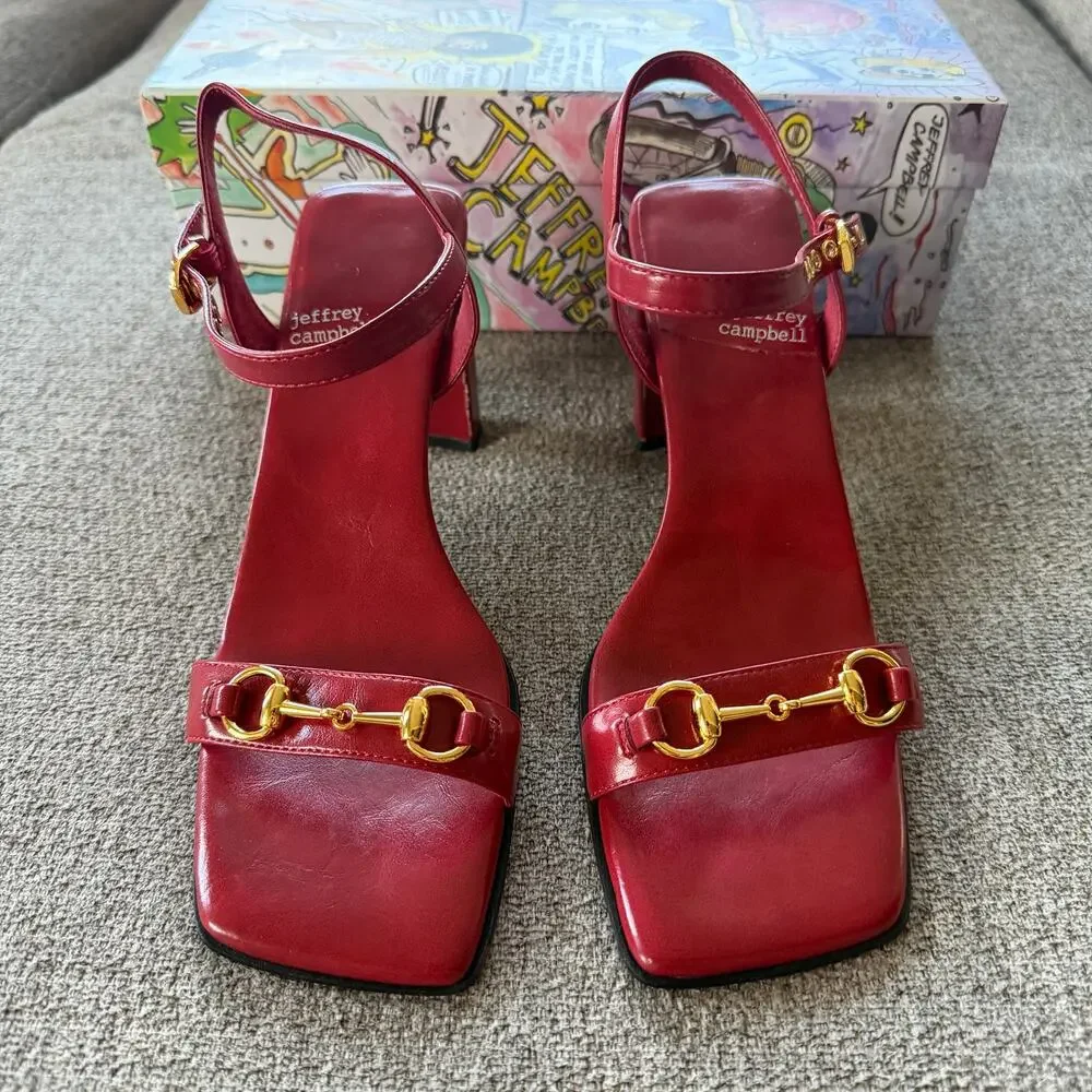 Jeffrey Campbell Lively Red Leather Horsebit Sandal Heels Size 8